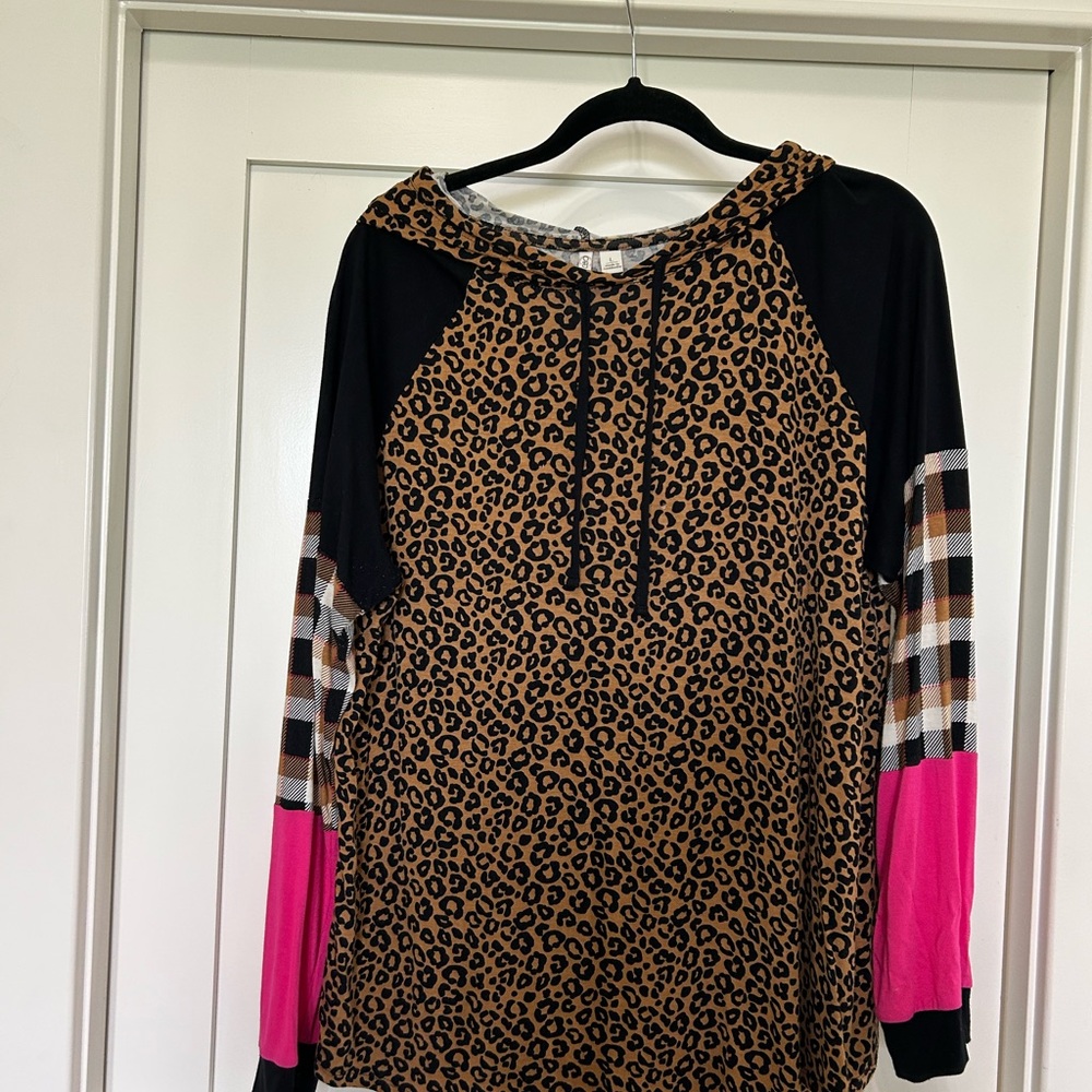 Leopard Print Hoodie Shirt with Pink and Plaid Sleeves